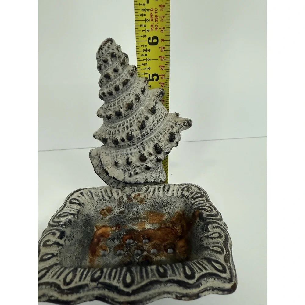 Vtg Rustic conchshell Cast Iron Free Standing‎ Soap Dish Rustic Bath Decor .